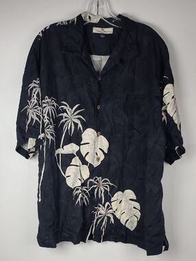 Vintage Tommy Bahama Black 100% Silk Jacquard Hawaiian Aloha Palm Black Shirt L